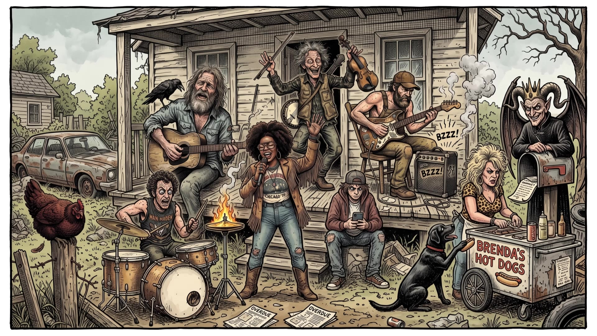 Animated illustration of Stonewall Slim and his band playing on his porch, surrounded by the supporting cast.